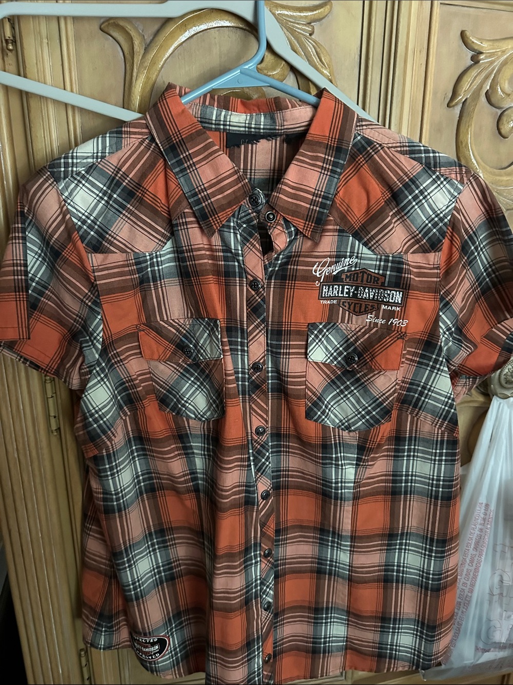 Harley-Davidson Orange and Black Plaid Short-Sleeve Button-Down Shirt